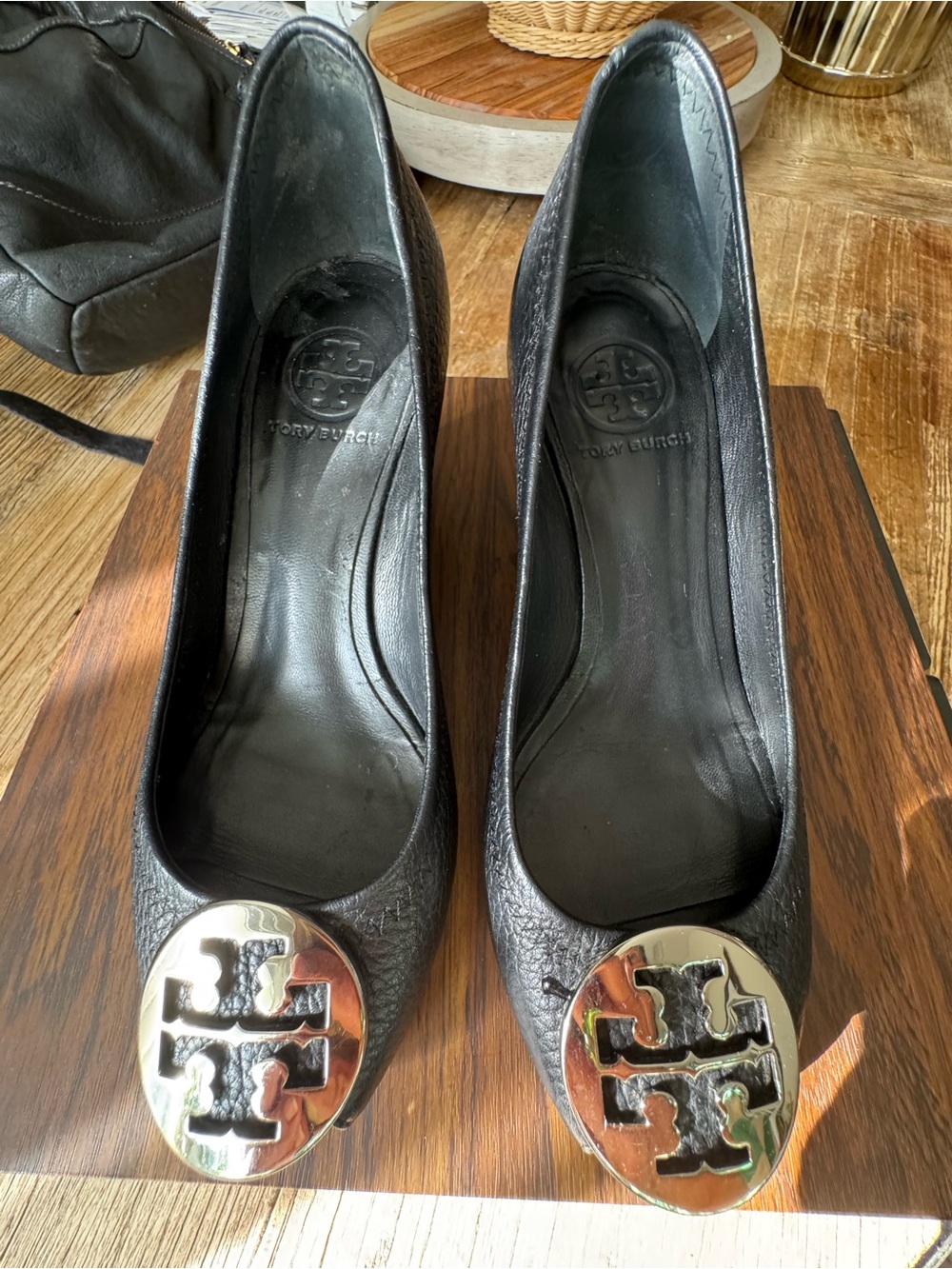 Tory Burch Black Leather Log Peep Toe Wedge Pump 6